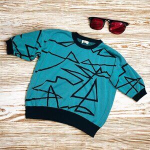80s Streetwear Abstract Graphic Sweater – Teal & Black Pullover